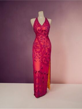 RARE Vintage CACHÉ 100% Silk Beaded Gown – XS – Y2K Fuchsia Dream Prom Dress